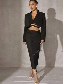SHEIN Unity Asymmetrical Button Contrast Skirt - Black - View 3