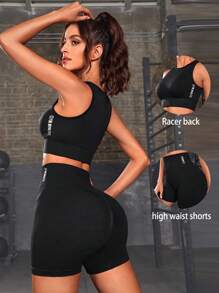 SHEIN Yoga Basic Letter Graphic Sports Set - Black - View 1