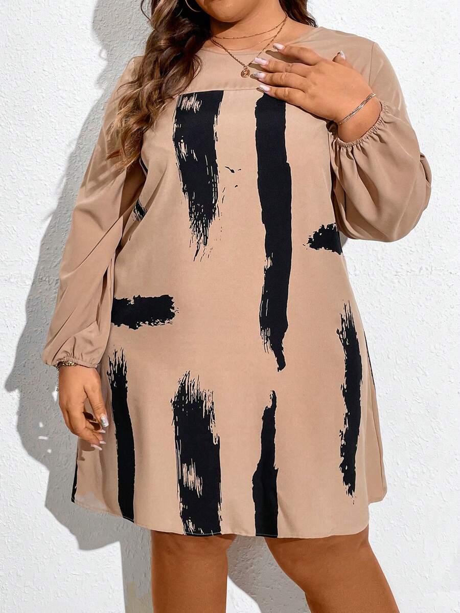 SHEIN CURVE+ Women's Simple Printed Plus Size Dress - Khaki - View 1
