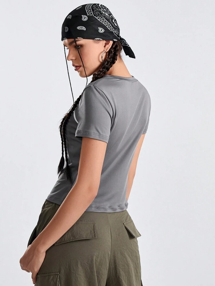 Solid Color Round Neck Hollow Out Sports T-Shirt