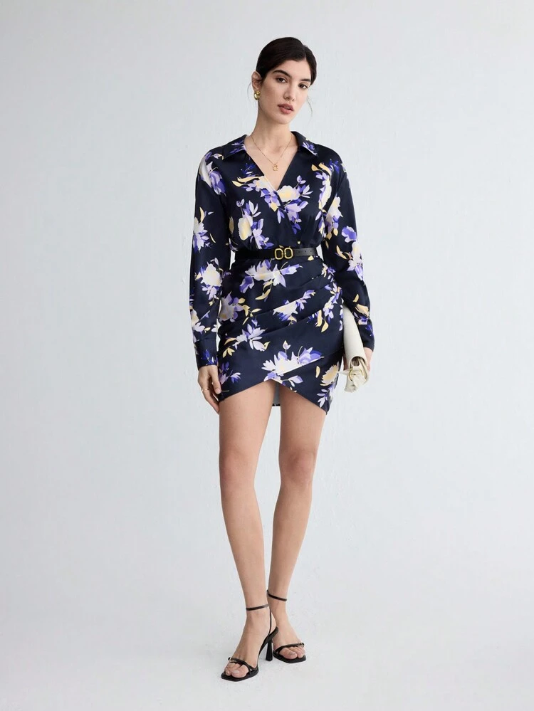 Women's Floral Printed Wrap Dress With Cross Front And Lapel Collar