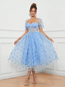 SHEIN Belle 女士浪漫優雅藍色心形亮片圖案網紗泡泡袖甜心領半透結構氣泡裙，適合音樂節、畢業季、正式酒會晚禮服 - 淺藍色 - 查看 2