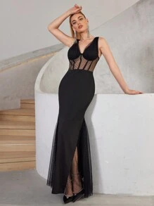 SHEIN Belle 优雅、性感、时尚的女人，经典黑色波尔卡圆点网眼宽肩带，V 领，半透明效果，褶皱装饰，高腰，紧身臀部，鱼尾款式，高开叉，复活节音乐节，节日季，毕业季，返校季，舞会正式晚宴礼服 - 黑色 - 查看 6