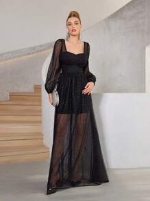 SHEIN Belle Đầm lưới xuyên thấu màu đen thanh lịch, lãng mạn và sang trọng Váy lưới dài tay đính sequin xếp li trong mờ Váy viền chữ A cỡ lớn ngày lễ Lễ tốt nghiệp Lễ phục sinh Váy dạ hội công nghiệp nặng - màu đen - Xem 5