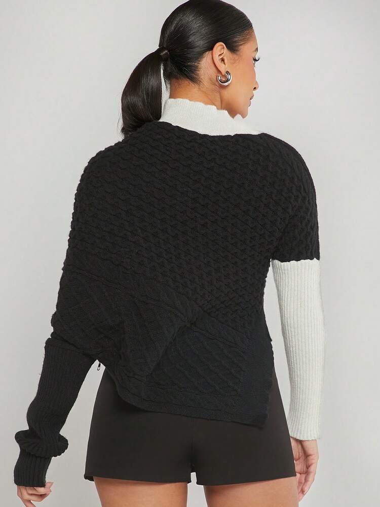 Colorblock Zipper Asymmetric Sweater