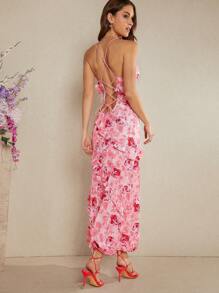 SHEIN Unity Floral Ruffle Lace Up Back Dress - Orange - View 2