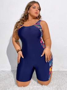 SHEIN CURVE+ Plus Size Summer Beach Tropical Plant Print One-Piece Swimsuit