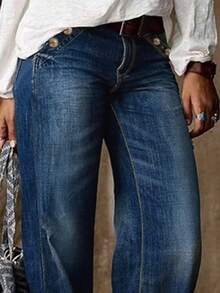 女式直筒牛仔裤，女式口袋自然直筒长款深色洗水宽松常规版型女式牛仔裤，春季/秋季，休闲日常穿着 - 深色水洗藍 - 查看 4