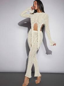 Hauture Textured Knit Draped Top & Pants Set - White - View 1
