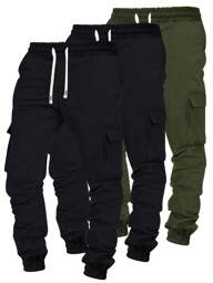 3pcs Men's Solid Color Drawstring Waist Casual Sports Cargo Jogger Pants, Spring Autumn