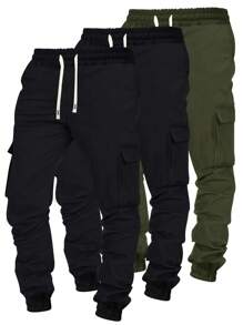 3pcs Men's Solid Color Drawstring Waist Casual Sports Cargo Jogger Pants, Spring Autumn - Multicolor - View 1