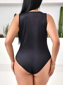 Allurite Pearl Beaded Print Round Neck Bodysuit - Black - View 5