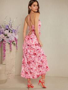 SHEIN Unity Floral Ruffle Lace Up Back Dress - Orange - View 5