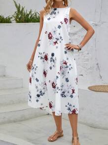SHEIN LUNE Women's Floral Print Sleeveless A-Line Midi Dress Summer - White - View 5