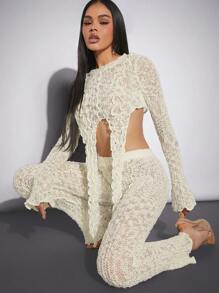 Hauture Textured Knit Draped Top & Pants Set - White - View 4