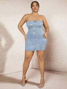 SHEIN BAE 金属性感高弹力大码牛仔抹胸迷你连衣裙和节日服装和音乐节 - 藍色 - 查看 5