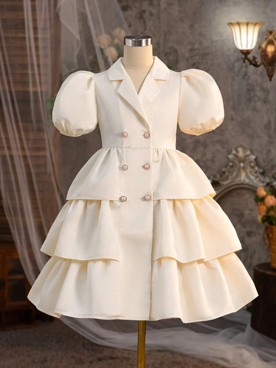 SHEIN 雙排釦泡泡袖中學生女童裙裝,彼得潘領領口和三層中長裙擺 - 杏色 - 查看 1