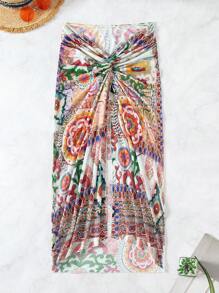 Swim Vcay 随机印花不对称下摆长裙罩衫，适合度假、夏季海滩 - 彩色 - 查看 5