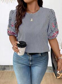 Breezaya 条纹花卉刺绣泡泡袖夏季波西米亚风衬衫 - 藏蓝色 - 查看 1