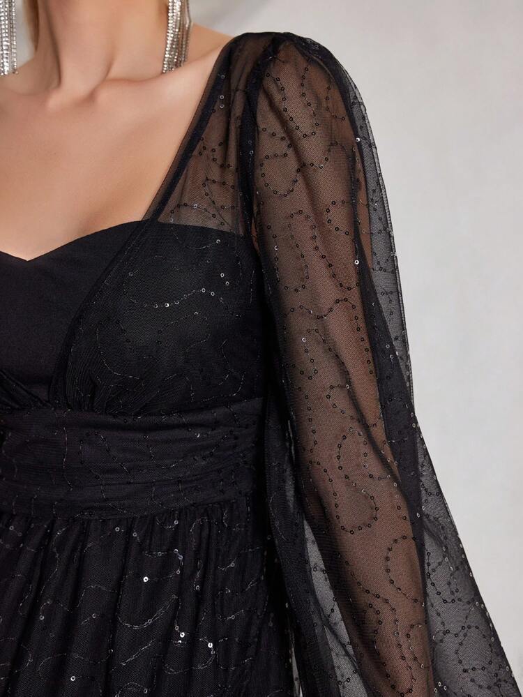 Elegant, Romantic And Luxurious Black See-Through Lantern Long-Sleeved Sequined Mesh Dress Translucent Pleated Large A Hem Dress Holiday Graduation Season Easter Heavy Industry Evening Dress