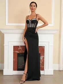 Modphy Vestido largo de fiesta con abertura lateral con abundantes aplicaciones de rhinestones - Negro - Ver 8