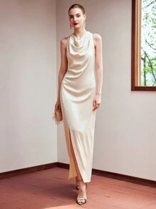 MOTF PREMIUM Vestido De Cuello Alto De Mujer Con Tejido, Botones Y Abertura En El Dobladillo - Albaricoque - Ver 7