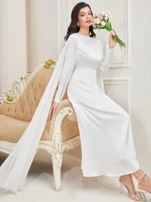 Modelyn Ladies' Arabian Style Puff Sleeve Cape Dress - White - View 3