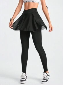 SHEIN Sports 純色2合1網紗短裙褲 - 黑色 - 查看 3