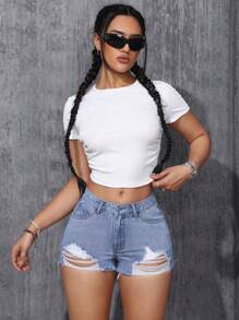 SHEIN EZwear 女式休閒破洞牛仔短褲,適合日常穿著 - 淺色水洗藍 - 查看 6