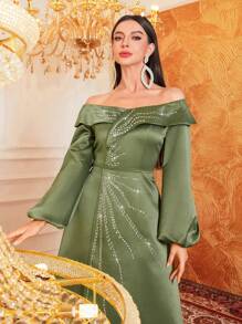 Modelyn Women's Off-Shoulder Lantern Sleeve Dress With Rhinestones Decoration Long Evening Dresses - Olive Green - View 7