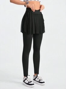 SHEIN Sports 純色2合1網紗短裙褲 - 黑色 - 查看 4