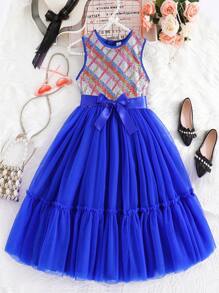 SHEIN فستان الأميرة للفتيات من توين، فستان منتفخ من التول والترتر، فستان رسمي خفيف - الأزرق - مشاهدة 3