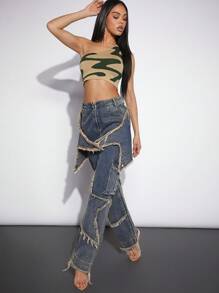 Hauture Wave Camo One Shoulder Crop Knit Top - Multicolor - View 4