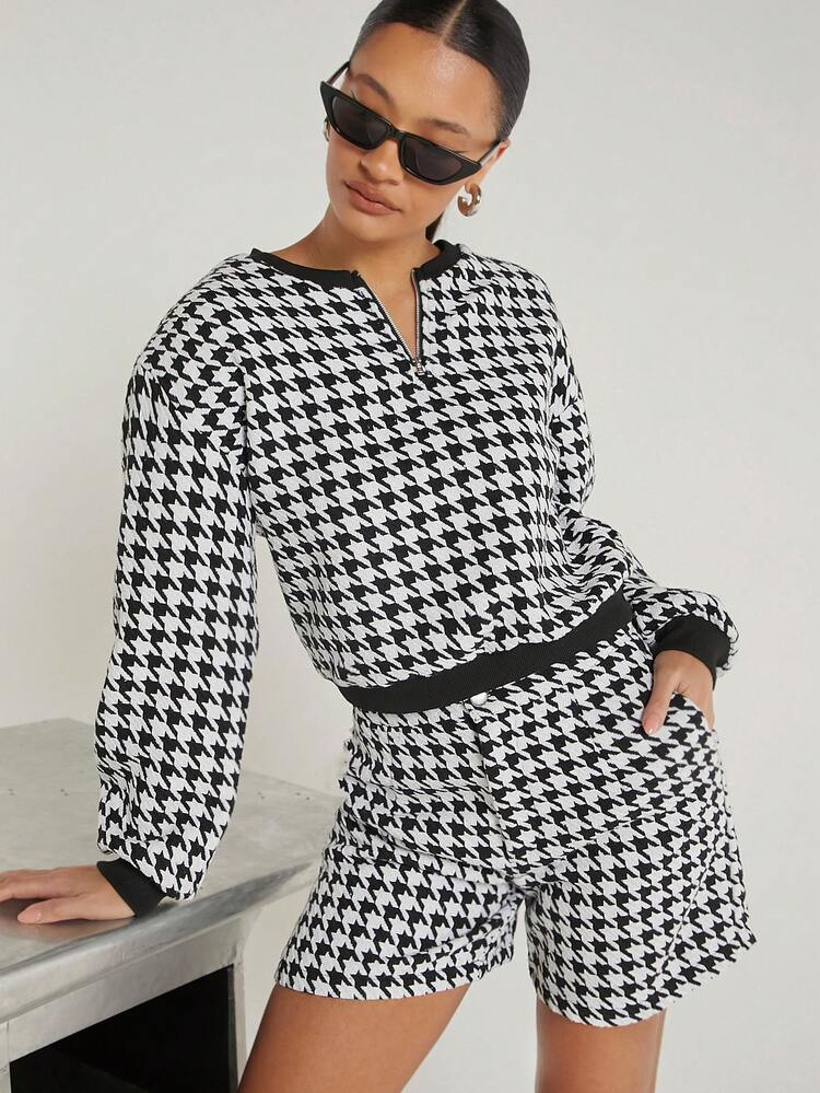 Houndstooth Notch Top & Shorts Two Pieces Set