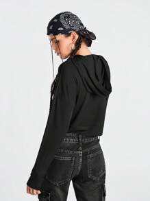 Gameset SHEIN Sport 女款純色連帽長袖運動衛衣 - 黑色 - 查看 2