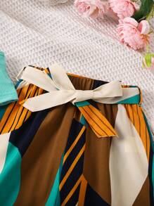 SHEIN Young Girl Set Of Ribbed Tank Top And Geometric Print Skirt