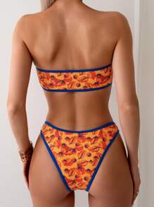 SHEIN Swim 女士树叶印花抹胸比基尼套装 夏季 - 彩色 - 查看 2