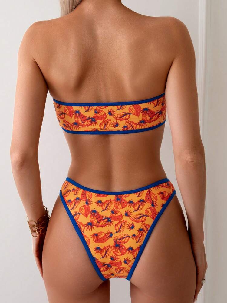 Women's Leaf Print Bandeau Bikini Set Summer