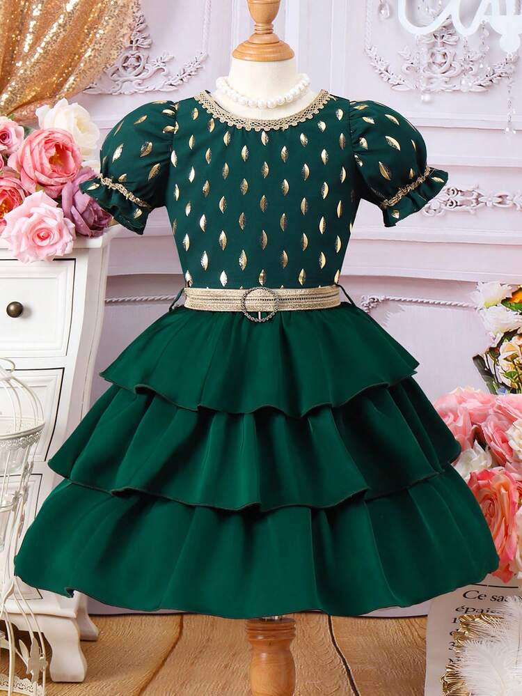 Young Girl Festival Golden Polka Dot Short Sleeve Top With A Waistband And Layered Cake Skirt Set