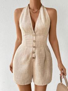 Chiquease Women's Deep V-Neck Sleeveless Playsuit - Apricot - View 1