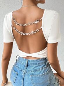 Allurite Chuỗi Trang trí Áo phông Crop Với Mở Lưng - trắng - Xem 1