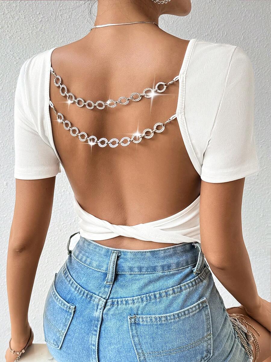 Allurite Chuỗi Trang trí Áo phông Crop Với Mở Lưng - trắng - Xem 1