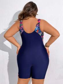 SHEIN CURVE+ Plus Size Summer Beach Tropical Plant Print One-Piece Swimsuit