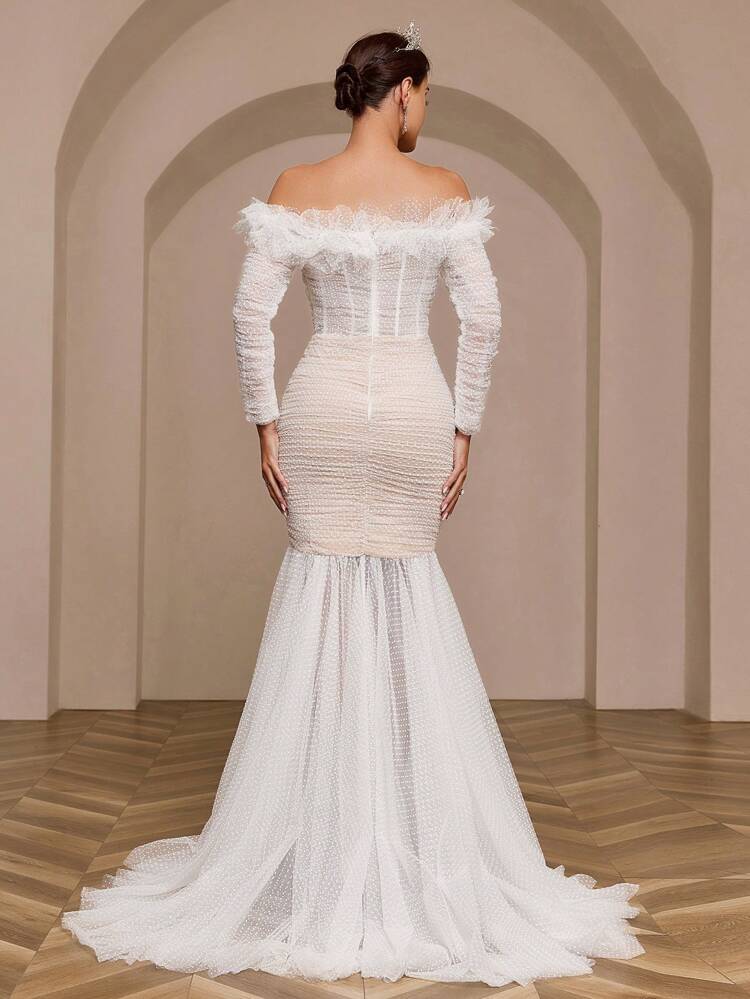 Elegant Atmosphere One Shoulder Stereoscopic Floral Long Sleeve Mesh See Through Flesh Color Lining Clash Of Colors High Waist Slim Fishtail See Through Oversized Hem Ramadan Wedding Event Wedding Dresses