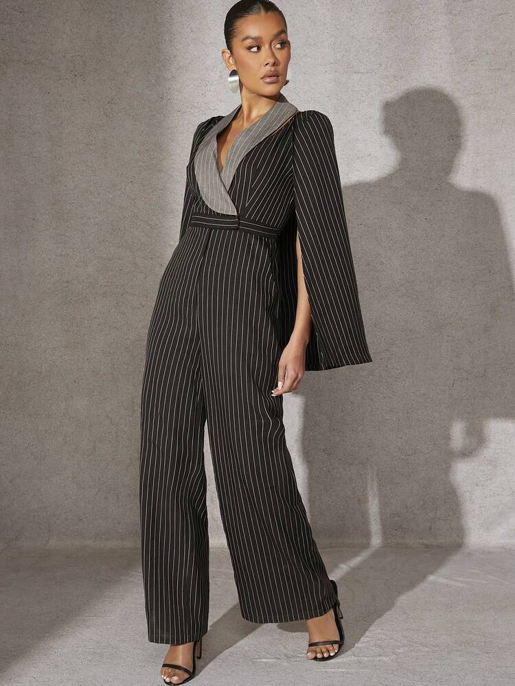 Pinstripe Contrast Cape Jumpsuit