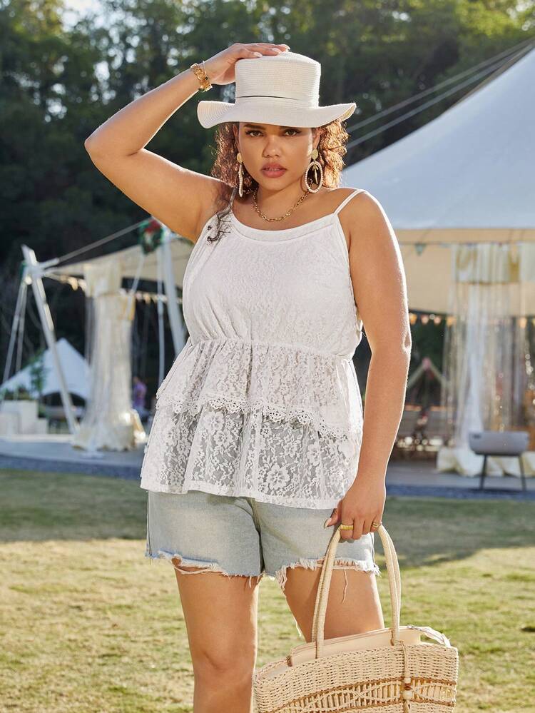 Plus Size Solid Color Printed Waist Drawstring Fashionable Ruffled Hem Camisole