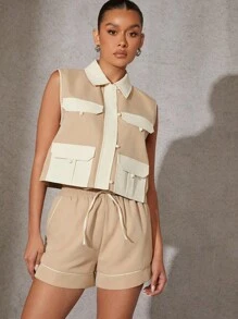 Hauture Colorblock Pocket Top & Shorts Two Piece Set - Multicolor - View 1