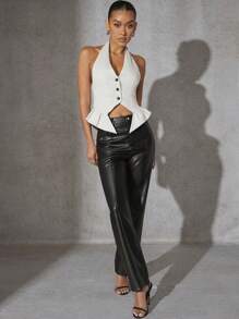 SHEIN Unity 纯色性感荷叶边下摆纽扣吊带上衣 - 淺灰色 - 查看 5