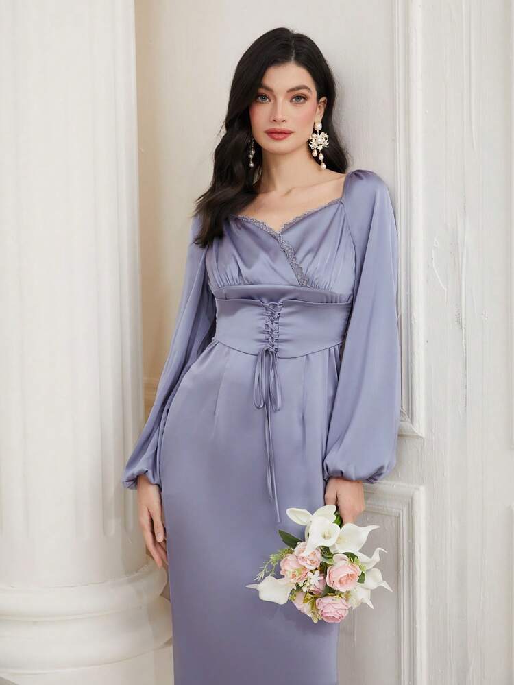 Women's Lantern Sleeve Dress With Front Tie Design Long Evening Dresses