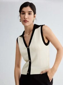 BizChic Comfortable Casual Black-Apricot Contrast Color Women Knitted Top For Summer - Apricot - View 7